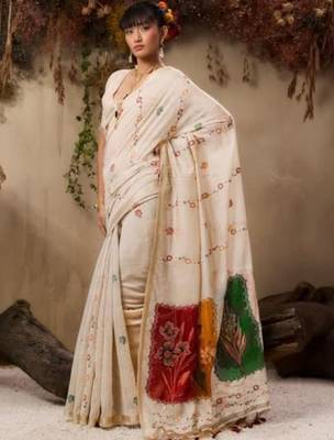 Off white cream woven design cotton linen soft silk saree 1