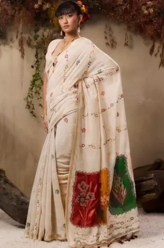 Off white cream woven design cotton linen soft silk saree