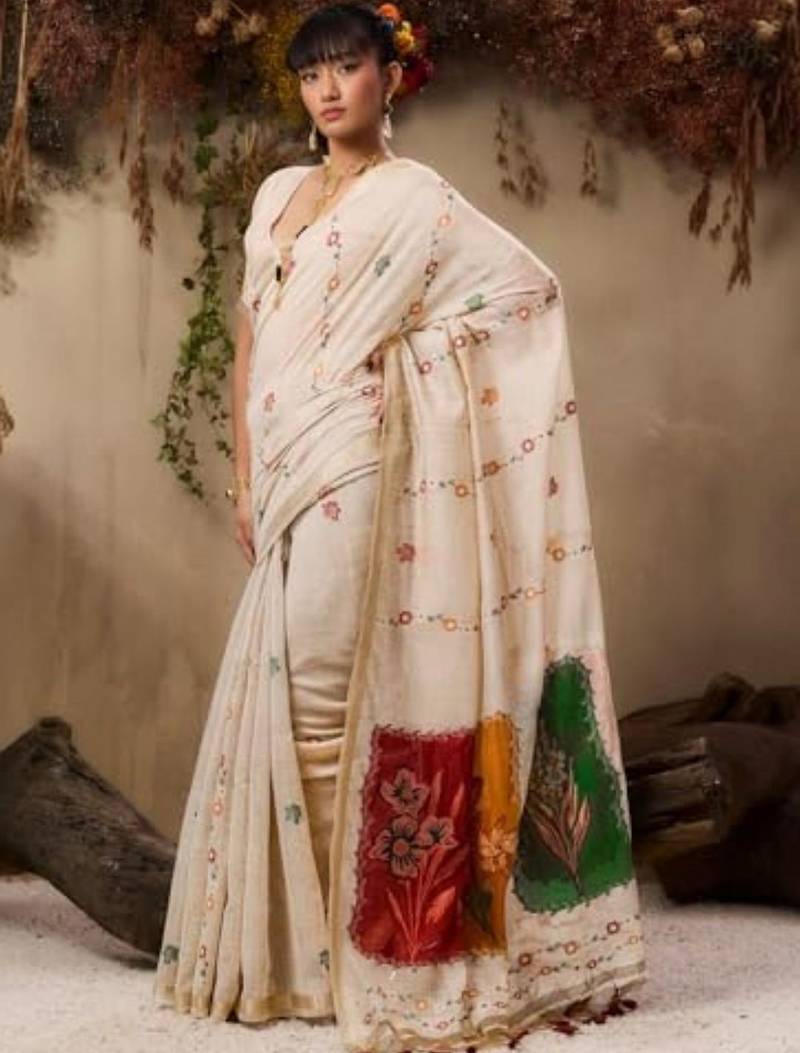 Off white cream woven design cotton linen soft silk saree