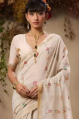 Off white cream woven design cotton linen soft silk saree