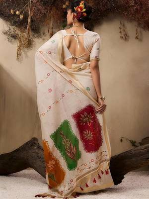 Off white cream woven design cotton linen soft silk saree 3