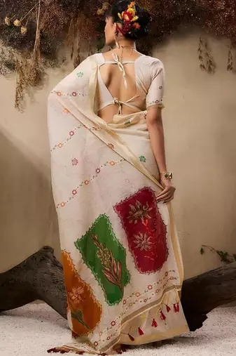 Off white cream woven design cotton linen soft silk saree