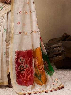 Off white cream woven design cotton linen soft silk saree 4