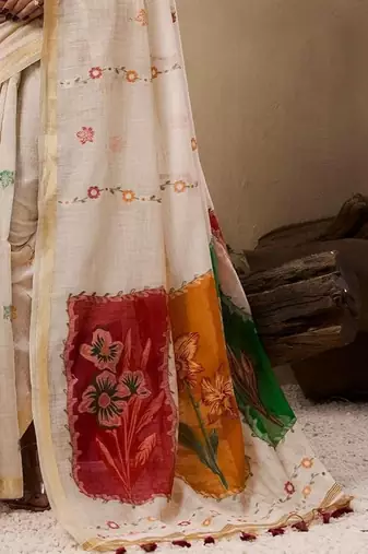Off white cream woven design cotton linen soft silk saree