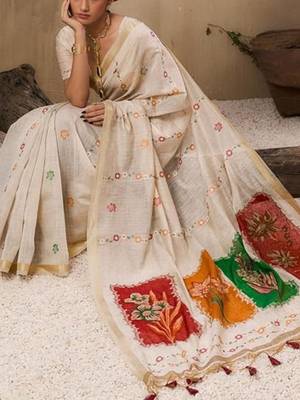 Off white cream woven design cotton linen soft silk saree 5