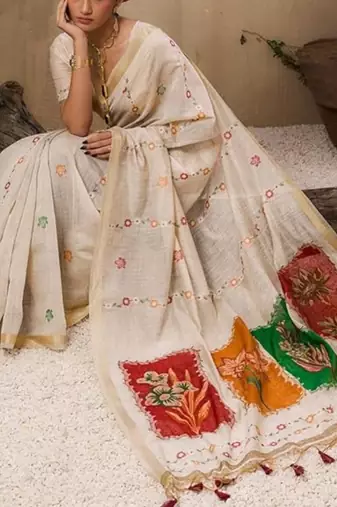 Off white cream woven design cotton linen soft silk saree