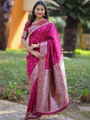 Magenta ethnic motifs zari silk blend heavy work banarasi saree 1