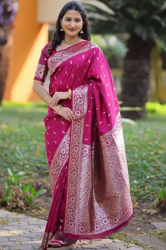 Magenta ethnic motifs zari silk blend heavy work banarasi saree
