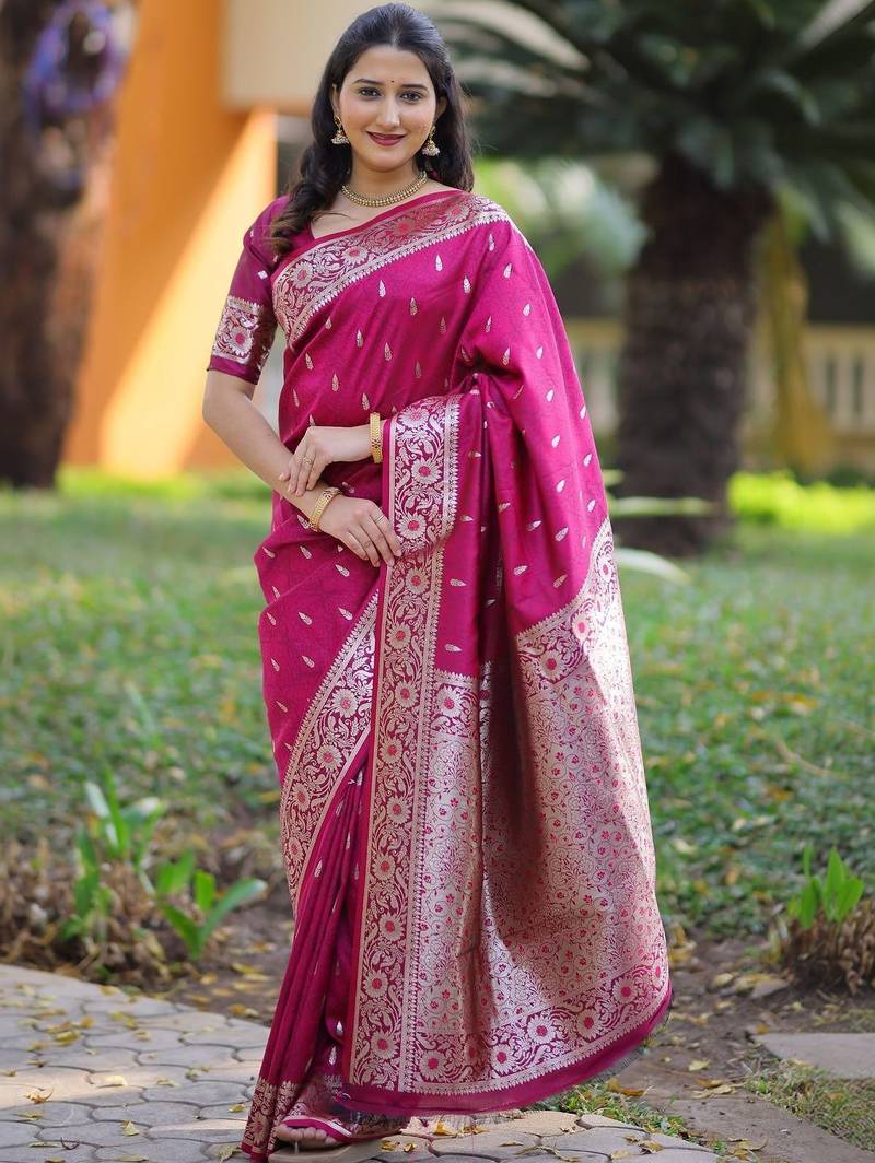 Magenta ethnic motifs zari silk blend heavy work banarasi saree