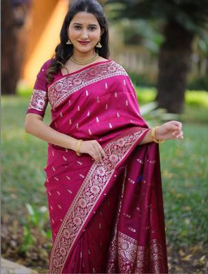 Magenta ethnic motifs zari silk blend heavy work banarasi saree 2