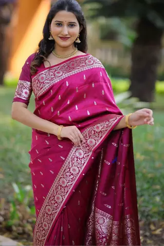 Magenta ethnic motifs zari silk blend heavy work banarasi saree