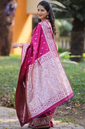 Magenta ethnic motifs zari silk blend heavy work banarasi saree