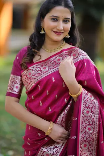 Magenta ethnic motifs zari silk blend heavy work banarasi saree