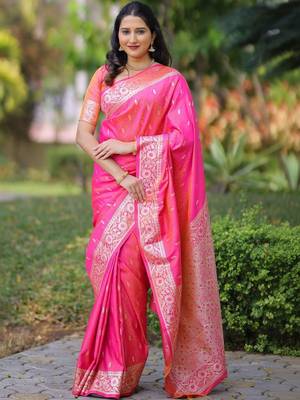 Pink ethnic motifs zari silk blend handloom banarasi saree 1