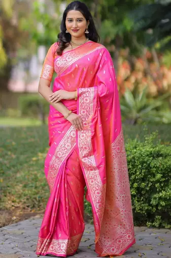 Pink ethnic motifs zari silk blend handloom banarasi saree