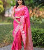 Pink ethnic motifs zari silk blend handloom banarasi saree