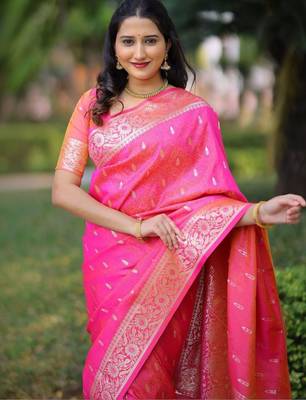 Pink ethnic motifs zari silk blend handloom banarasi saree 2