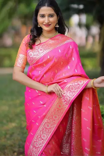 Pink ethnic motifs zari silk blend handloom banarasi saree