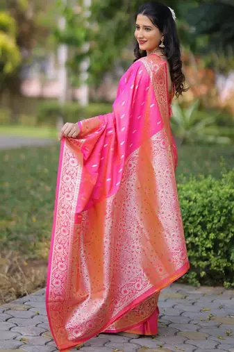 Pink ethnic motifs zari silk blend handloom banarasi saree