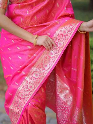 Pink ethnic motifs zari silk blend handloom banarasi saree 4