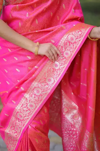 Pink ethnic motifs zari silk blend handloom banarasi saree