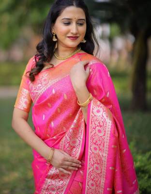 Pink ethnic motifs zari silk blend handloom banarasi saree 5