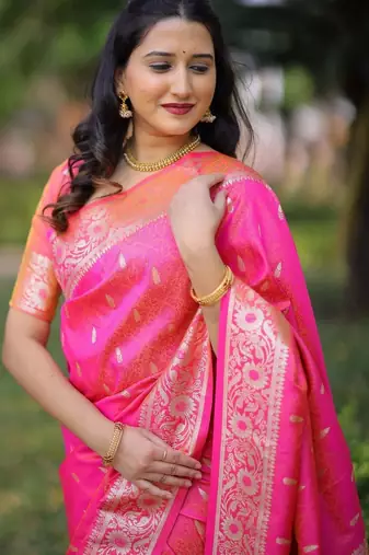 Pink ethnic motifs zari silk blend handloom banarasi saree