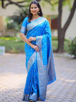 Blue woven design zari silk blend handloom banarasi saree 1