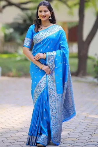 Blue woven design zari silk blend handloom banarasi saree