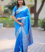 Blue woven design zari silk blend handloom banarasi saree