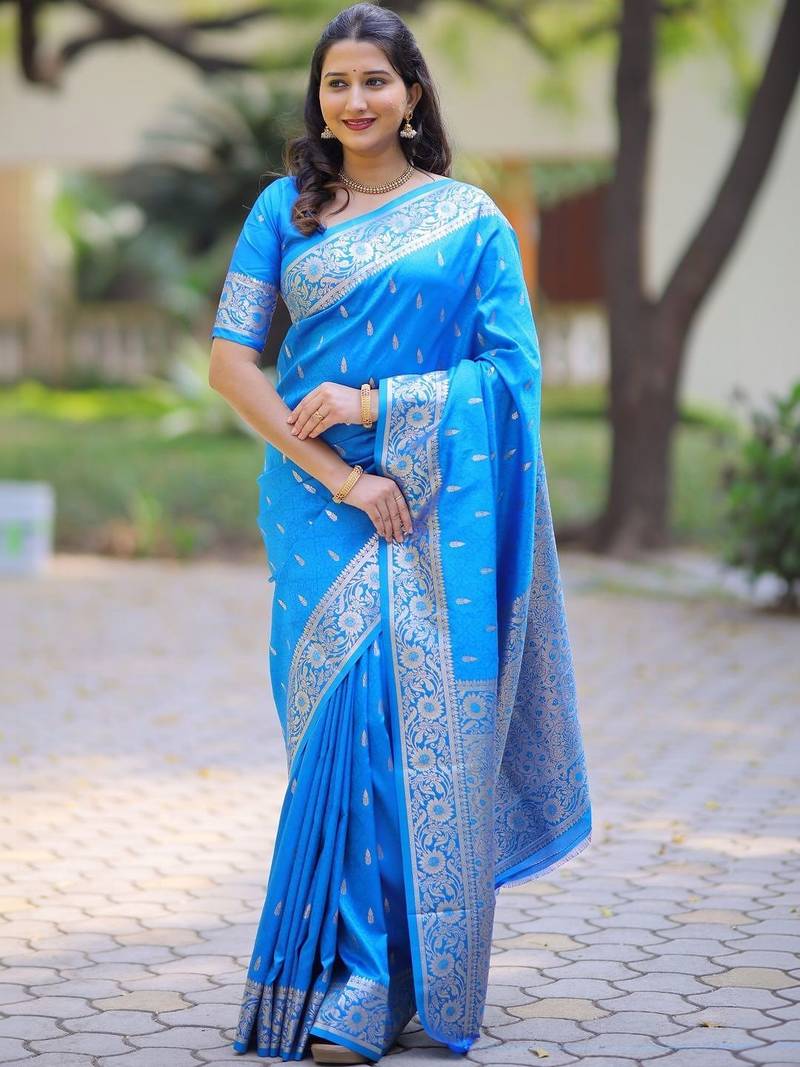 Blue woven design zari silk blend handloom banarasi saree