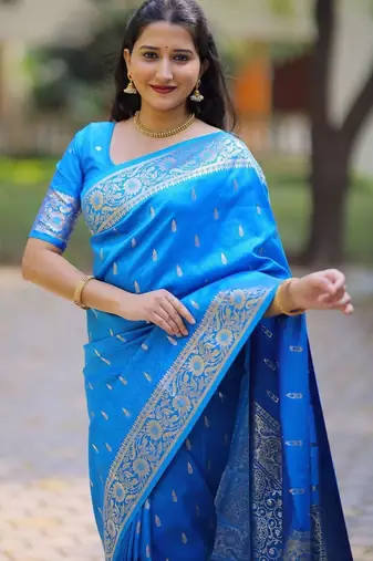 Blue woven design zari silk blend handloom banarasi saree