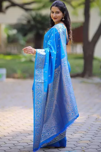 Blue woven design zari silk blend handloom banarasi saree