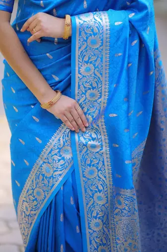 Blue woven design zari silk blend handloom banarasi saree