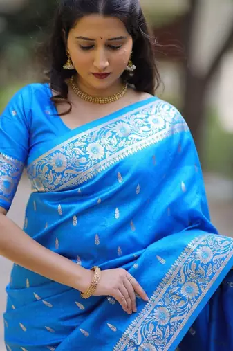 Blue woven design zari silk blend handloom banarasi saree