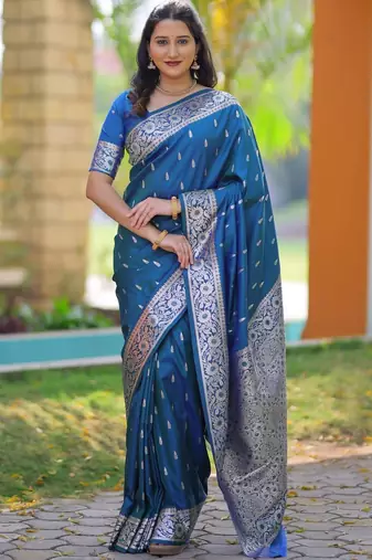Teal ethnic motifs zari silk blend handloom banarasi saree