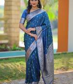 Teal ethnic motifs zari silk blend handloom banarasi saree
