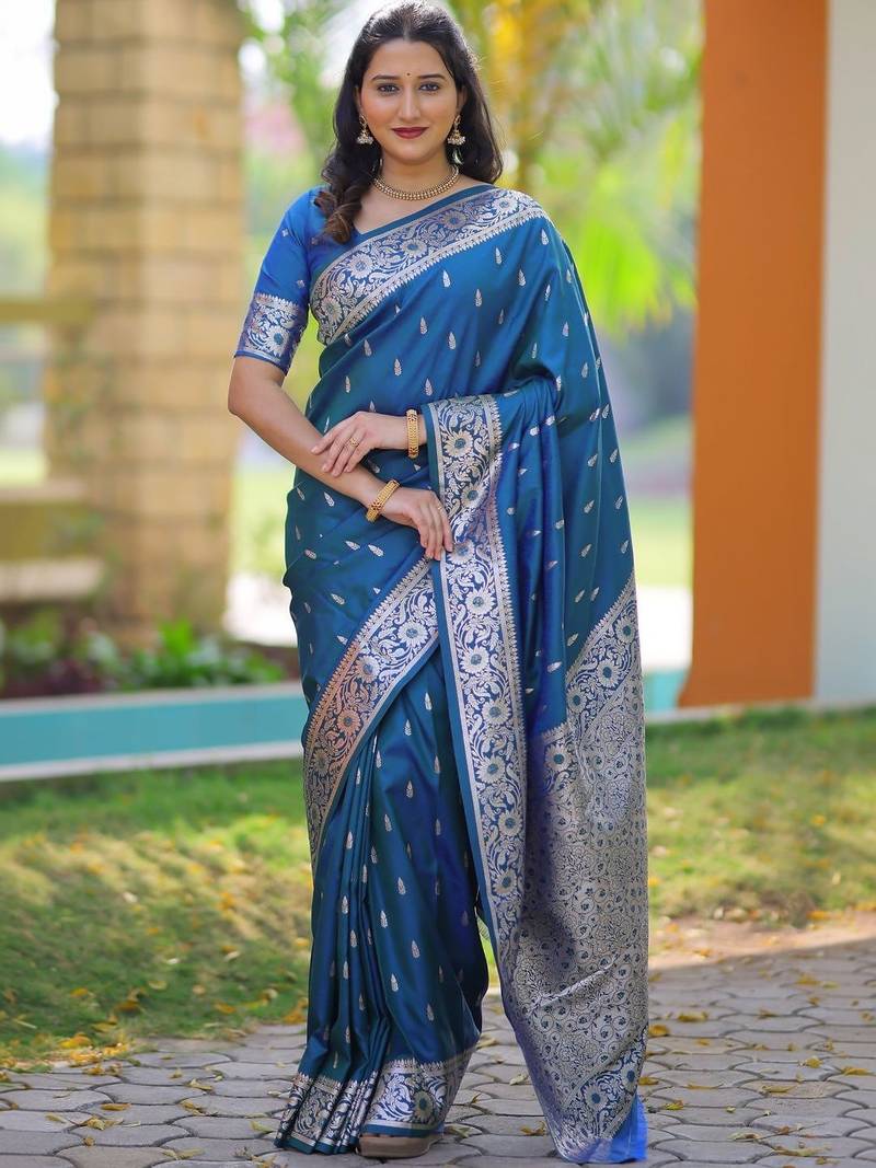 Teal ethnic motifs zari silk blend handloom banarasi saree