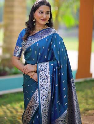 Teal ethnic motifs zari silk blend handloom banarasi saree 2