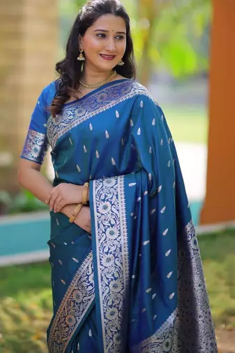 Teal ethnic motifs zari silk blend handloom banarasi saree