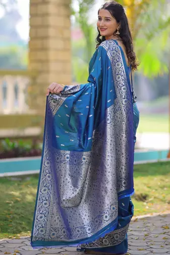 Teal ethnic motifs zari silk blend handloom banarasi saree