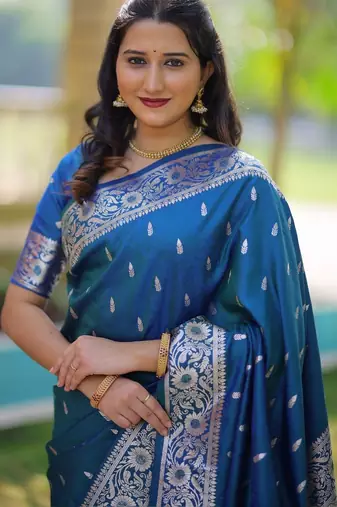 Teal ethnic motifs zari silk blend handloom banarasi saree