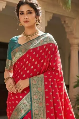 Red ethnic motifs silk blend handloom banarasi saree