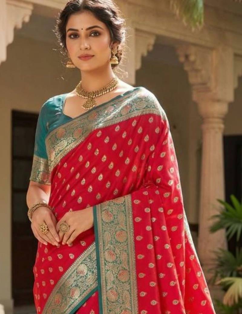 Red ethnic motifs silk blend handloom banarasi saree