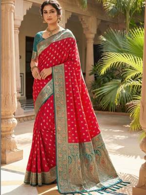 Red ethnic motifs silk blend handloom banarasi saree 2