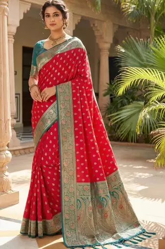 Red ethnic motifs silk blend handloom banarasi saree