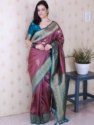 Purple ethnic motifs zari silk blend banarasi saree 1
