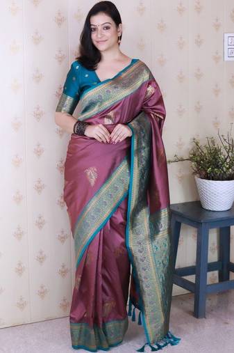 Purple ethnic motifs zari silk blend banarasi saree