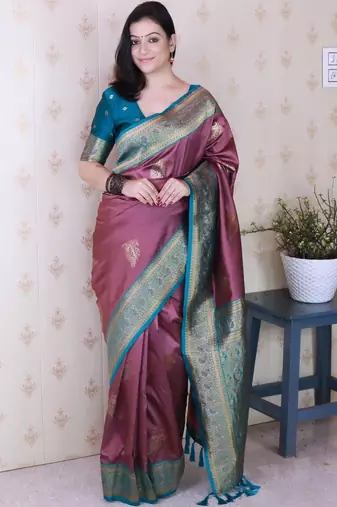 Purple ethnic motifs zari silk blend banarasi saree
