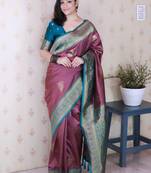 Purple ethnic motifs zari silk blend banarasi saree